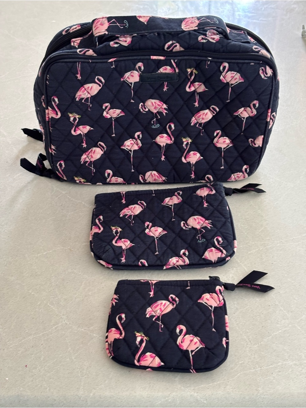 Vera Bradley Flamingo Fiesta Cosmetic Bag Set 3 Pc Quilted Makeup Toiletry Kit